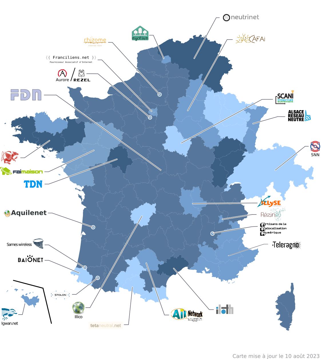 Carte des FAI membres de la Fédération FDN